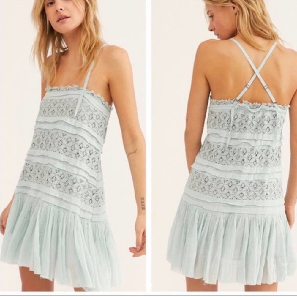 Free People Lace Trim Mini Dress Mint Green